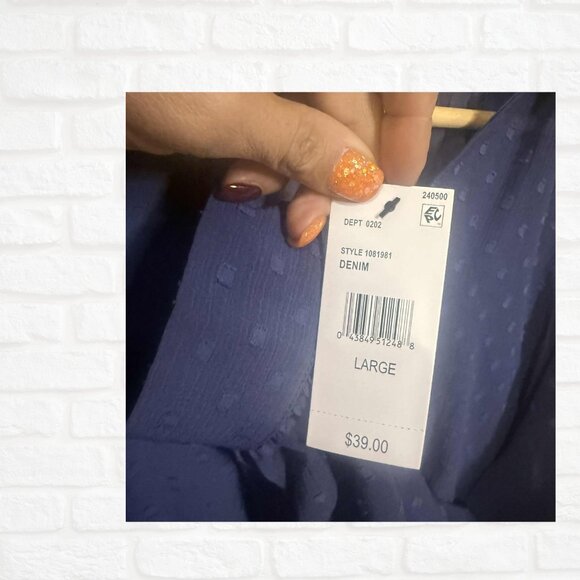 NWT Balloon Sleeve Tie-Front Blouse Clip Dot Denim Blue Large Layer BCX V Neck - Picture 5 of 9